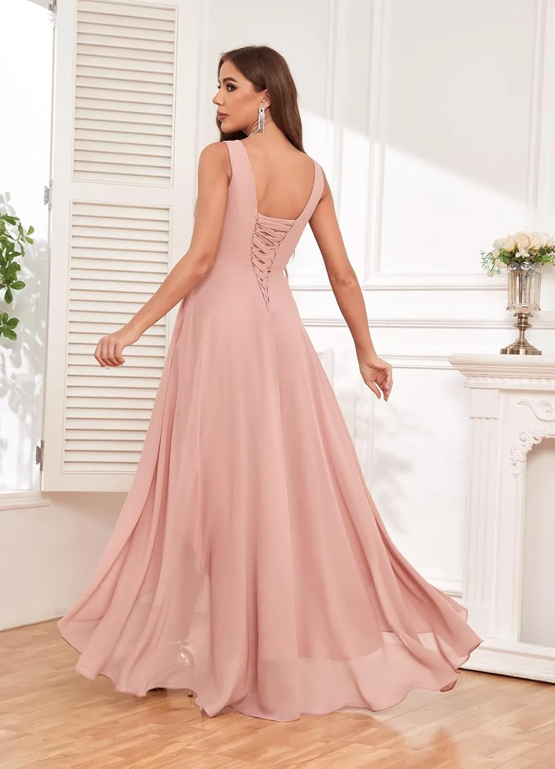 Sukleet Chiffon High Low Bridesmaid Dresses for Women with Pockets V Neck Ruched Formal Evening Dress