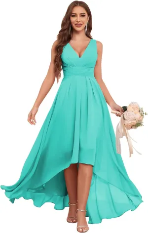 Sukleet Chiffon High Low Bridesmaid Dresses for Women with Pockets V Neck Ruched Formal Evening Dress
