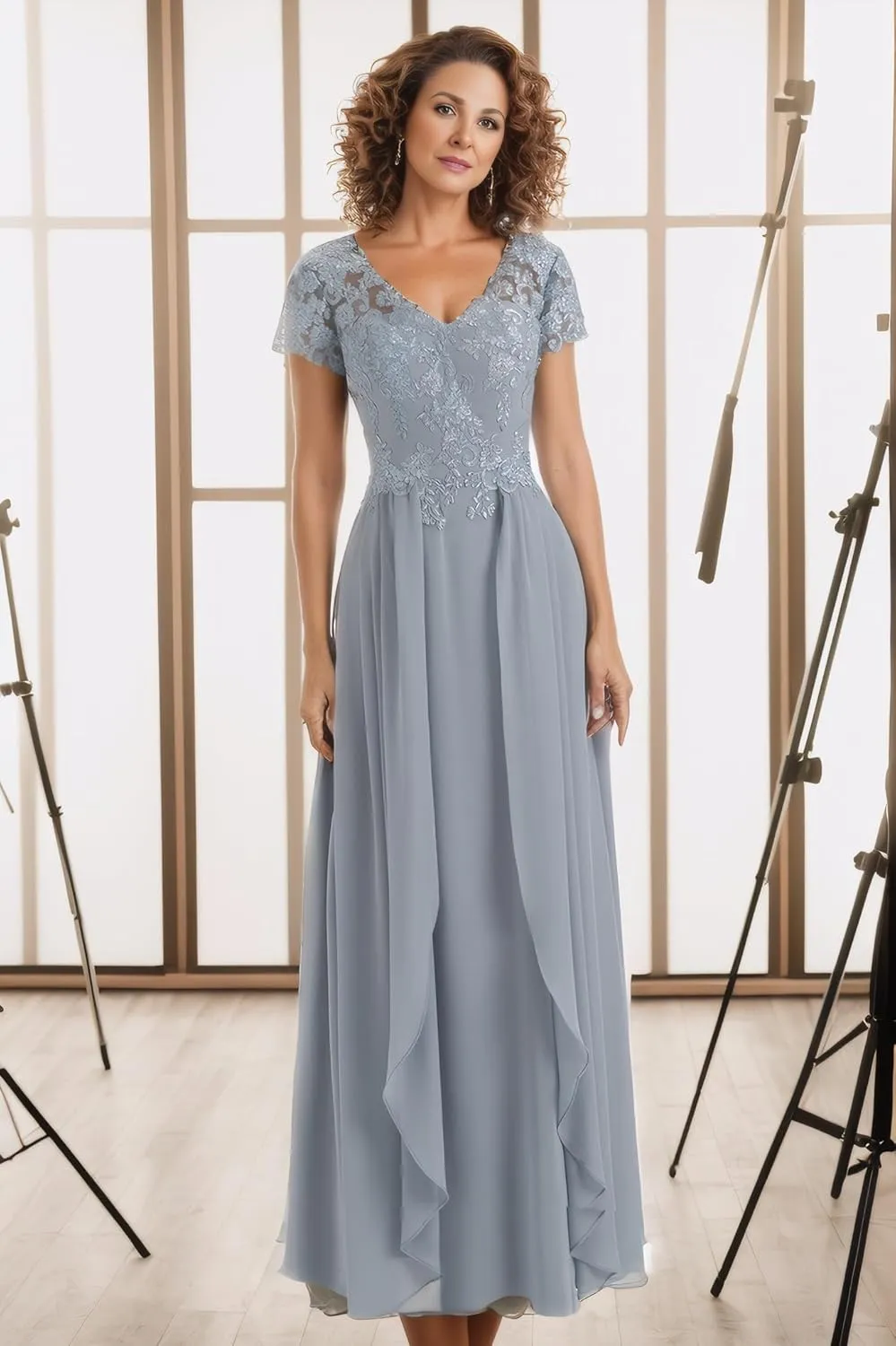Sukleet Lace Mother of The Bride Dresses for Wedding with Sleeves V Neck Applique Formal Prom Evening Gown