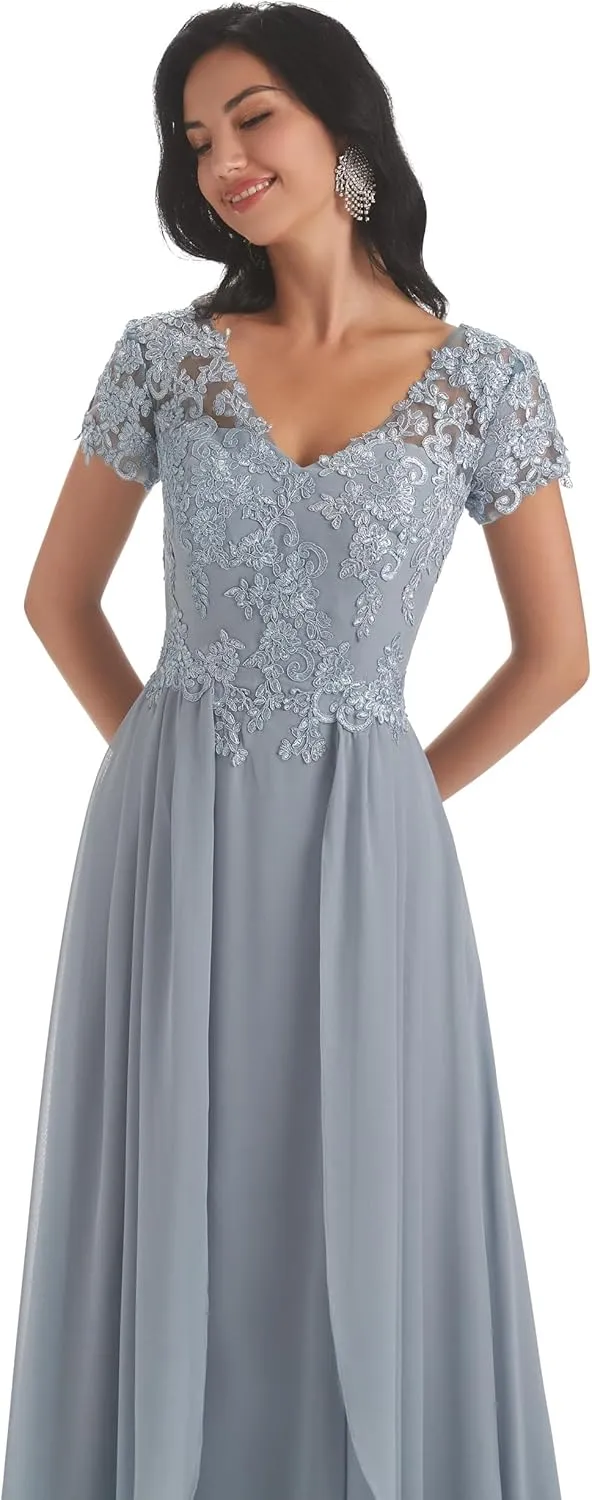Sukleet Lace Mother of The Bride Dresses for Wedding with Sleeves V Neck Applique Formal Prom Evening Gown