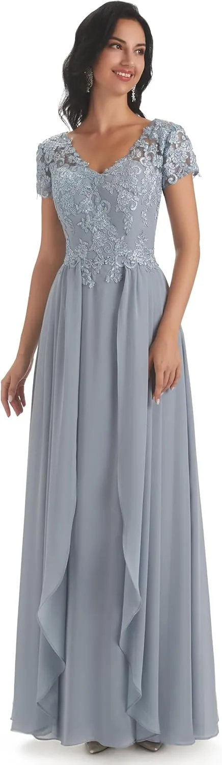 Sukleet Lace Mother of The Bride Dresses for Wedding with Sleeves V Neck Applique Formal Prom Evening Gown