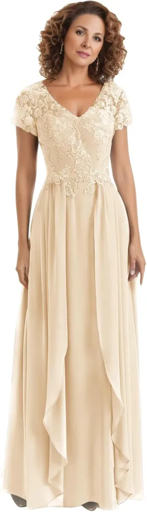 Sukleet Lace Mother of The Bride Dresses for Wedding with Sleeves V Neck Applique Formal Prom Evening Gown