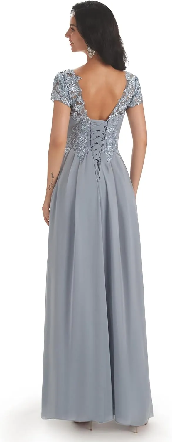 Sukleet Lace Mother of The Bride Dresses for Wedding with Sleeves V Neck Applique Formal Prom Evening Gown