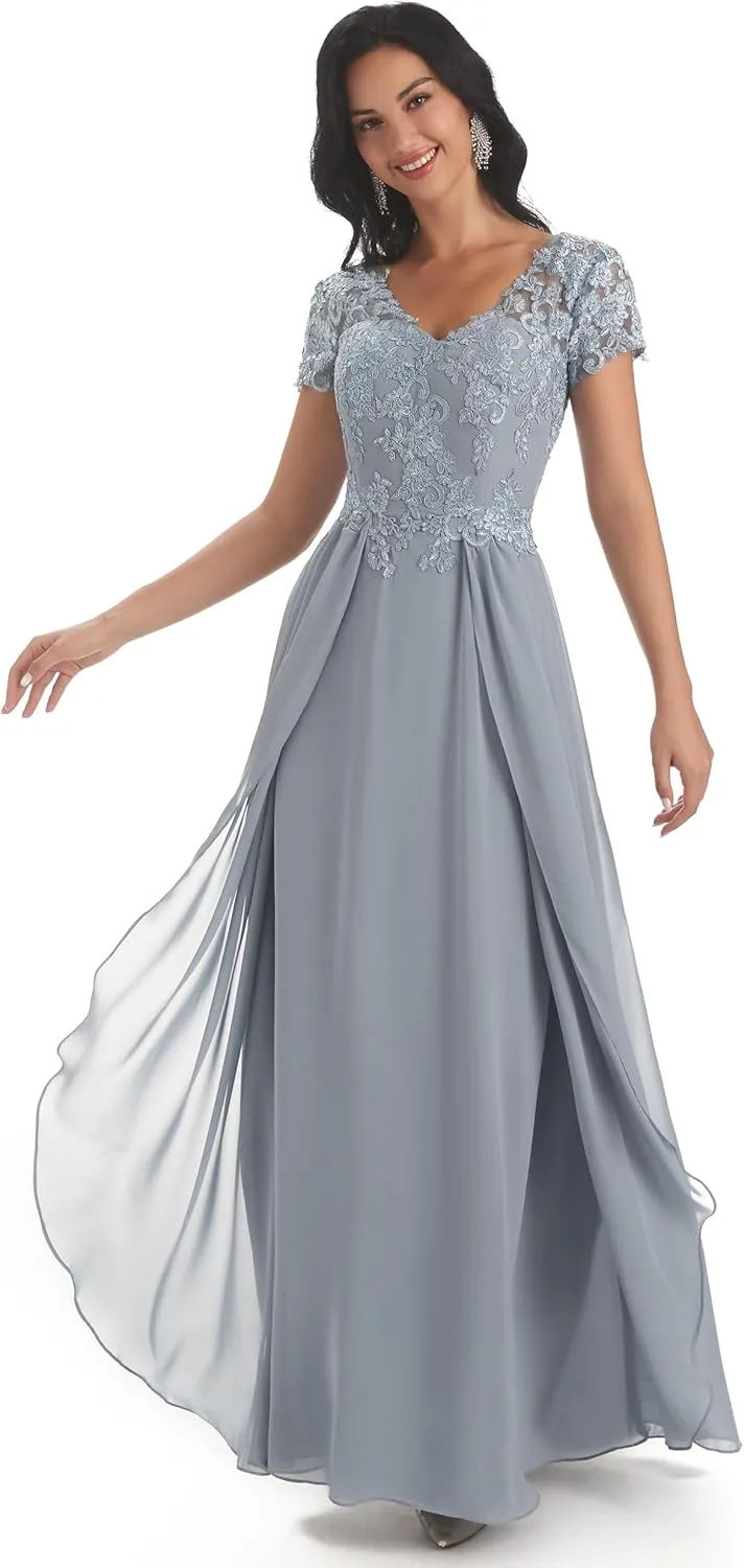 Sukleet Lace Mother of The Bride Dresses for Wedding with Sleeves V Neck Applique Formal Prom Evening Gown