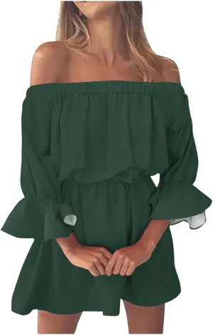 Summer Dresses for Women 2024 Off The Shoulder Ruffle Mini Dress Elastic Waist Long Sleeve Swing Boho Sun Dress