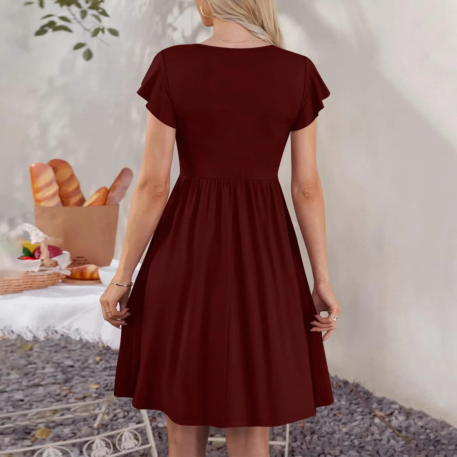 Summer Dresses for Women 2024 Round Neck Fly Sleeve Casual Loose Swing Button Beach Midi Dresseswith Pocket