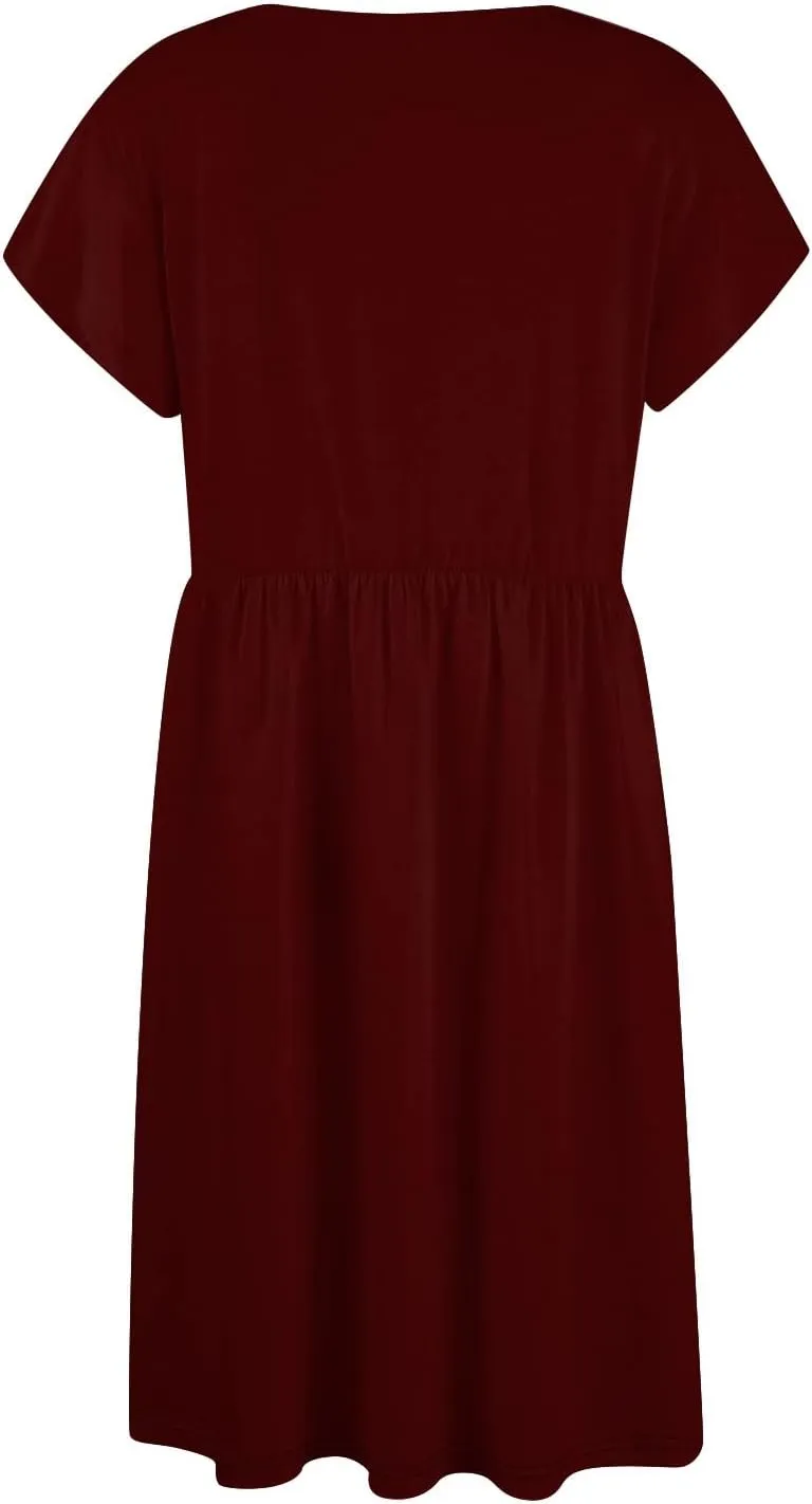 Summer Dresses for Women 2024 Round Neck Fly Sleeve Casual Loose Swing Button Beach Midi Dresseswith Pocket