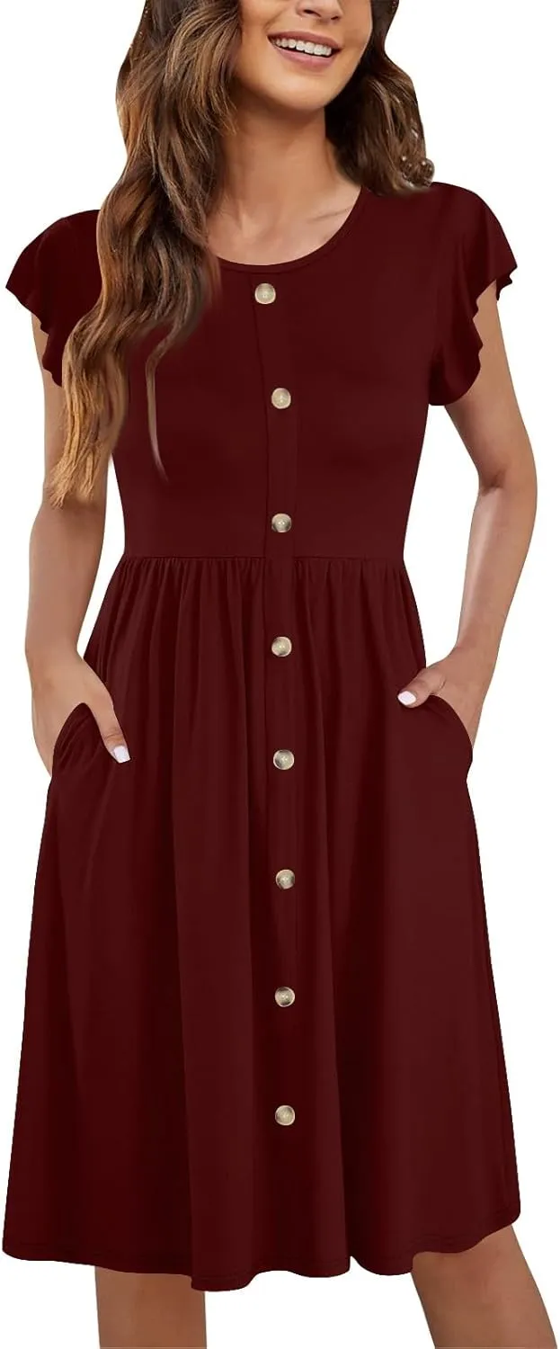 Summer Dresses for Women 2024 Round Neck Fly Sleeve Casual Loose Swing Button Beach Midi Dresseswith Pocket