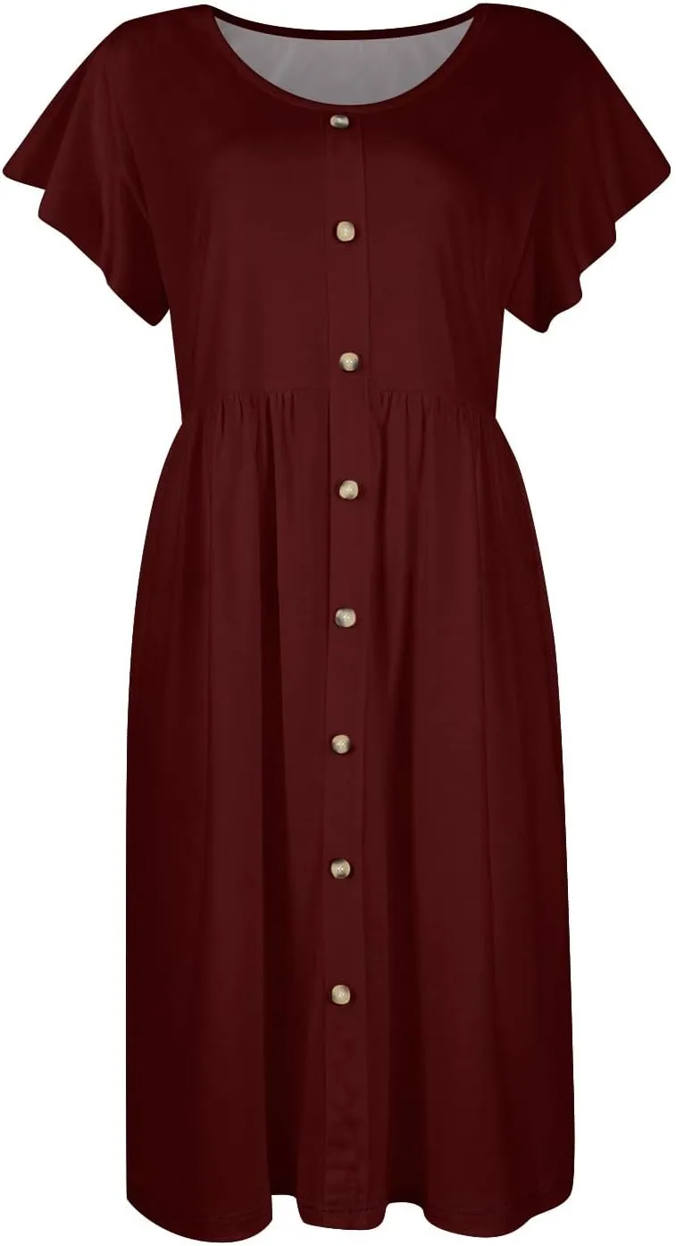 Summer Dresses for Women 2024 Round Neck Fly Sleeve Casual Loose Swing Button Beach Midi Dresseswith Pocket