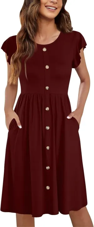 Summer Dresses for Women 2024 Round Neck Fly Sleeve Casual Loose Swing Button Beach Midi Dresseswith Pocket