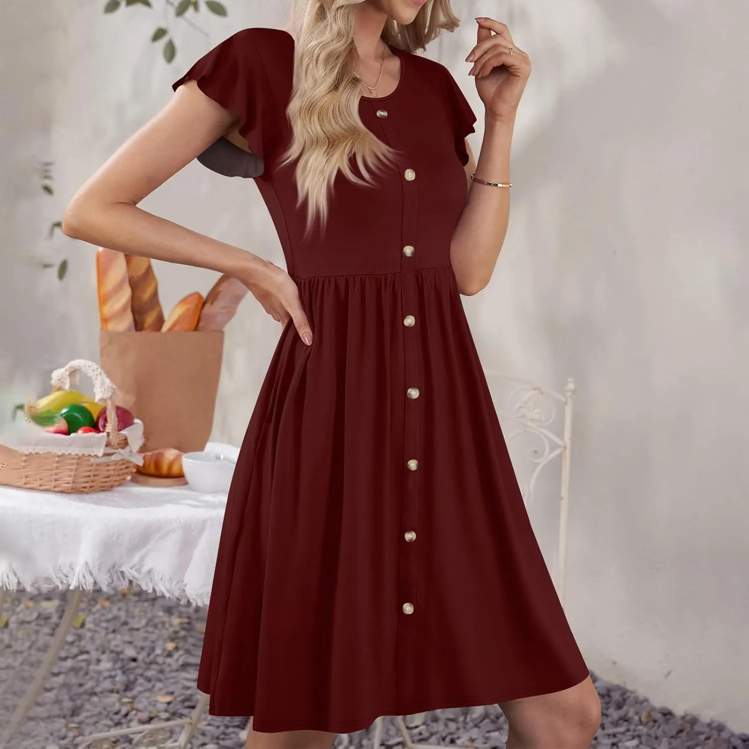 Summer Dresses for Women 2024 Round Neck Fly Sleeve Casual Loose Swing Button Beach Midi Dresseswith Pocket