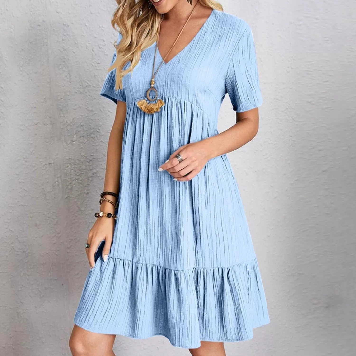 Summer Dresses for Women 2025 Plus Size Short Sleeve V Neck Mini Dress Casual Flowy Swing Boho Beach Vacation Dress