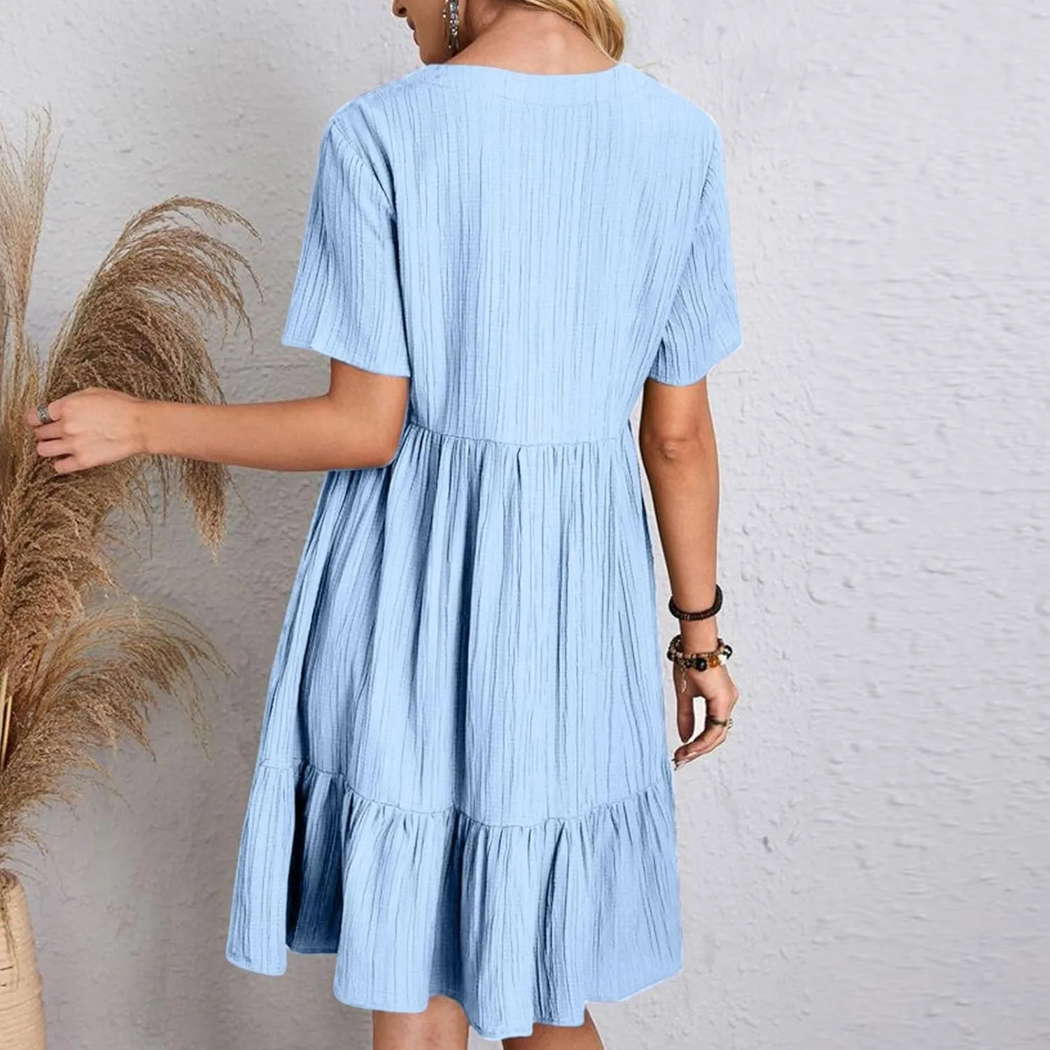 Summer Dresses for Women 2025 Plus Size Short Sleeve V Neck Mini Dress Casual Flowy Swing Boho Beach Vacation Dress