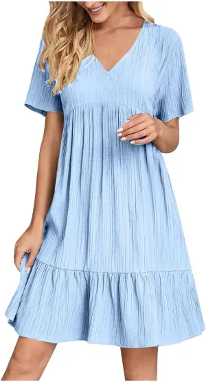 Summer Dresses for Women 2025 Plus Size Short Sleeve V Neck Mini Dress Casual Flowy Swing Boho Beach Vacation Dress