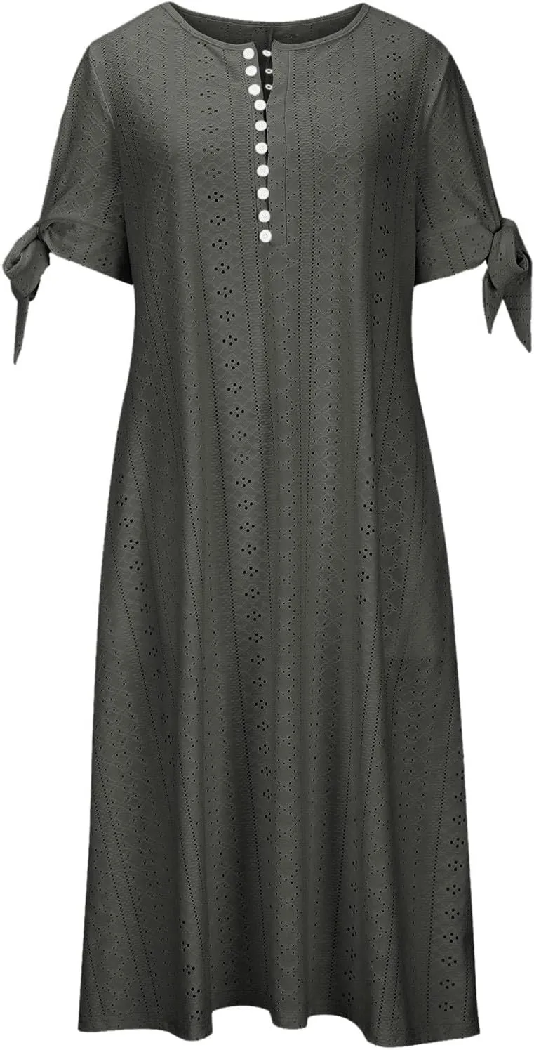 Summer Maxi Dresses for Women 2025 Trendy Short Sleeve Eyelet Tshirt Dress Casual Church Beach Vacation Sundress New