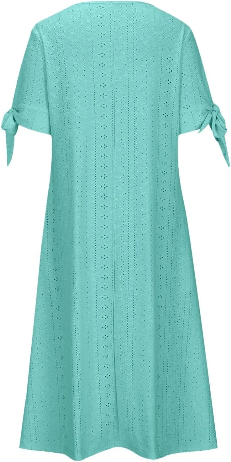 Summer Maxi Dresses for Women 2025 Trendy Short Sleeve Eyelet Tshirt Dress Casual Church Beach Vacation Sundress New