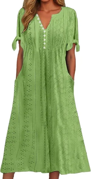 Summer Maxi Dresses for Women 2025 Trendy Short Sleeve Eyelet Tshirt Dress Casual Church Beach Vacation Sundress New