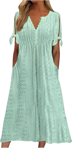 Summer Maxi Dresses for Women 2025 Trendy Short Sleeve Eyelet Tshirt Dress Casual Church Beach Vacation Sundress New