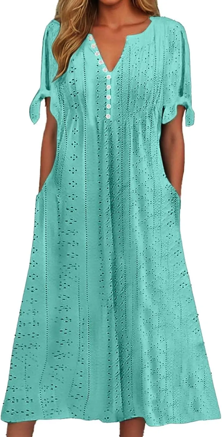 Summer Maxi Dresses for Women 2025 Trendy Short Sleeve Eyelet Tshirt Dress Casual Church Beach Vacation Sundress New