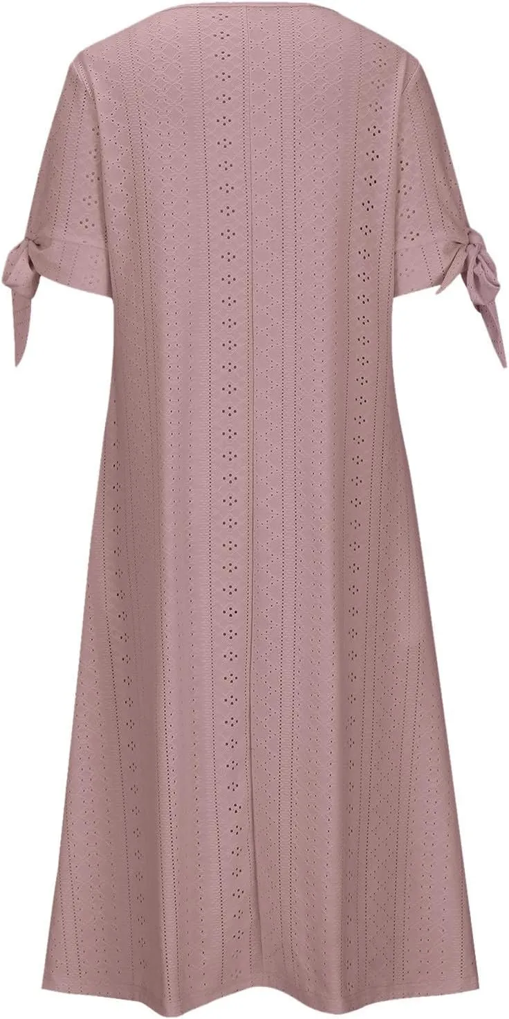 Summer Maxi Dresses for Women 2025 Trendy Short Sleeve Eyelet Tshirt Dress Casual Church Beach Vacation Sundress New
