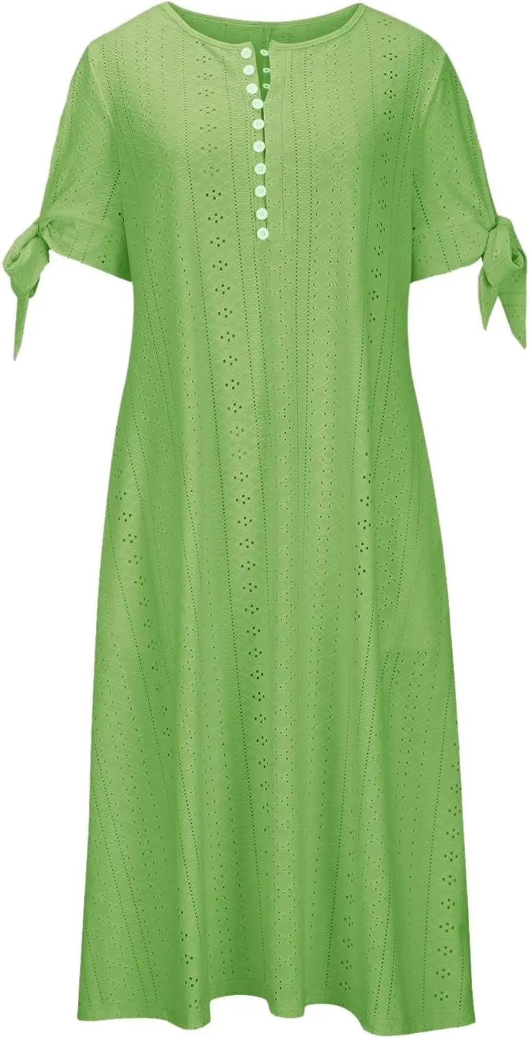 Summer Maxi Dresses for Women 2025 Trendy Short Sleeve Eyelet Tshirt Dress Casual Church Beach Vacation Sundress New