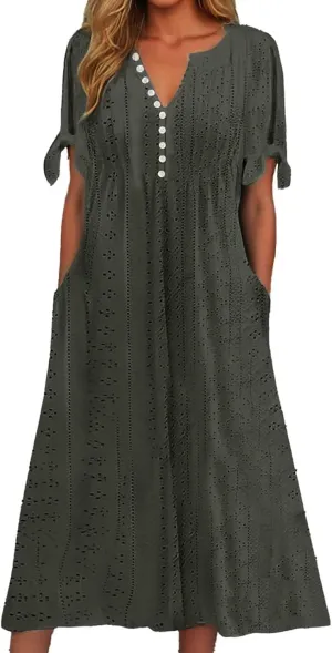 Summer Maxi Dresses for Women 2025 Trendy Short Sleeve Eyelet Tshirt Dress Casual Church Beach Vacation Sundress New