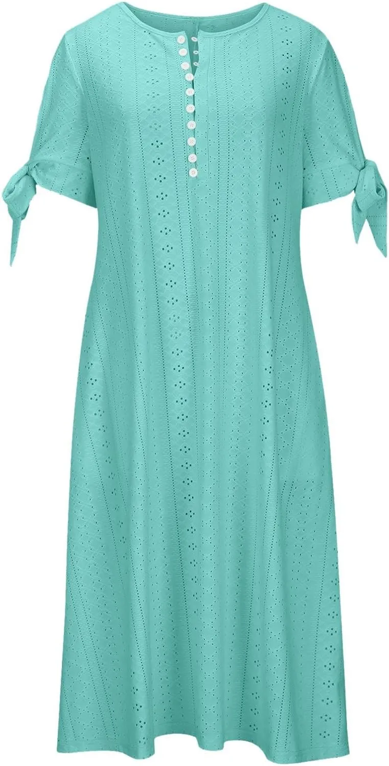Summer Maxi Dresses for Women 2025 Trendy Short Sleeve Eyelet Tshirt Dress Casual Church Beach Vacation Sundress New