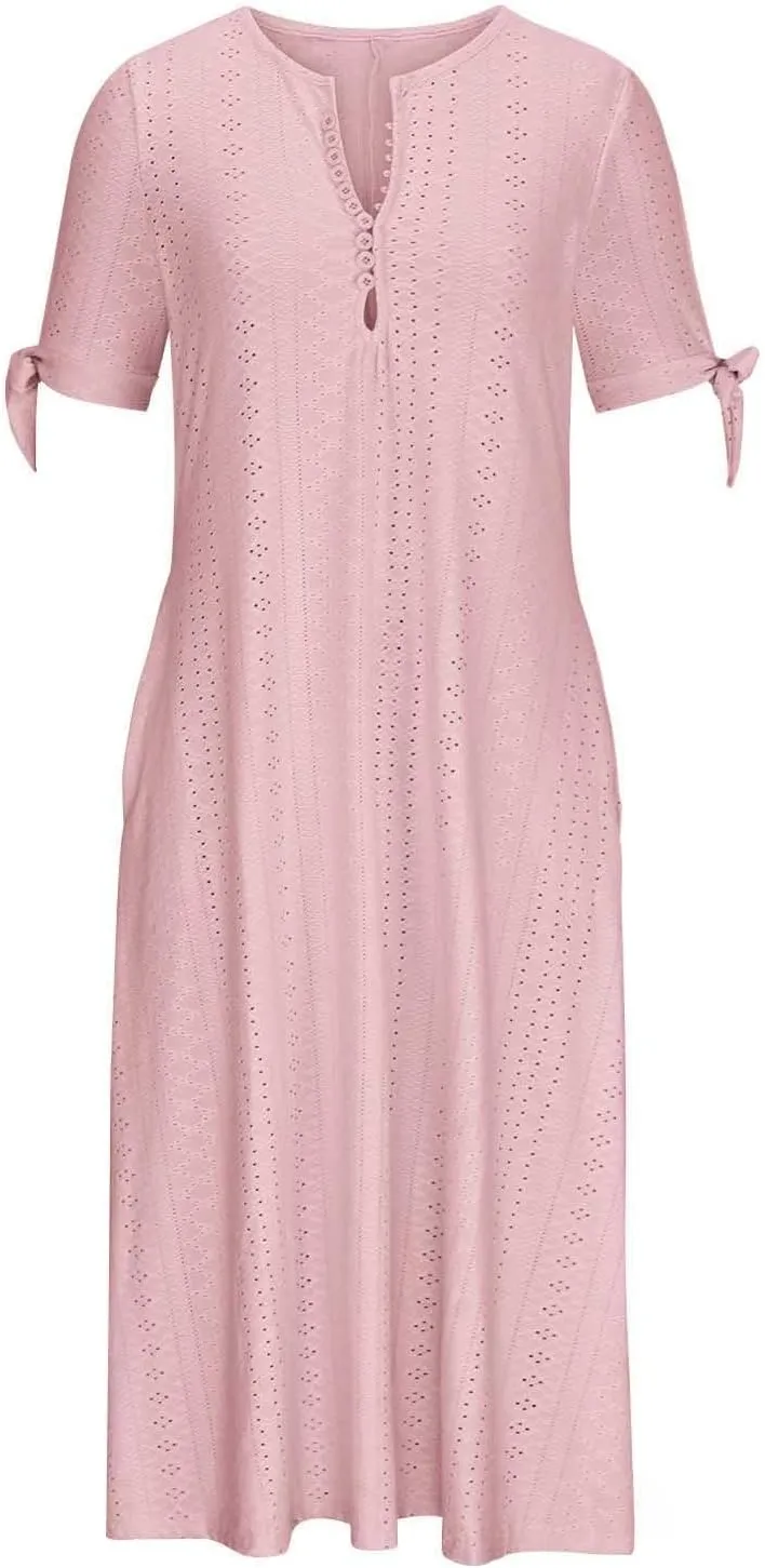 Summer Maxi Dresses for Women 2025 Trendy Short Sleeve Eyelet Tshirt Dress Casual Church Beach Vacation Sundress New