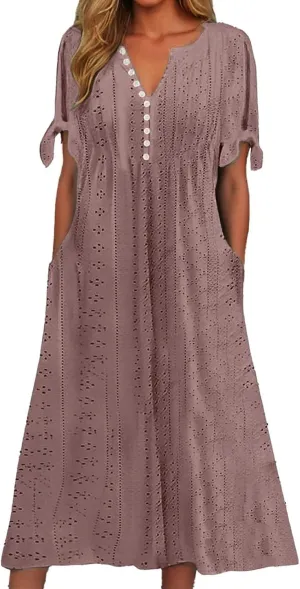 Summer Maxi Dresses for Women 2025 Trendy Short Sleeve Eyelet Tshirt Dress Casual Church Beach Vacation Sundress New