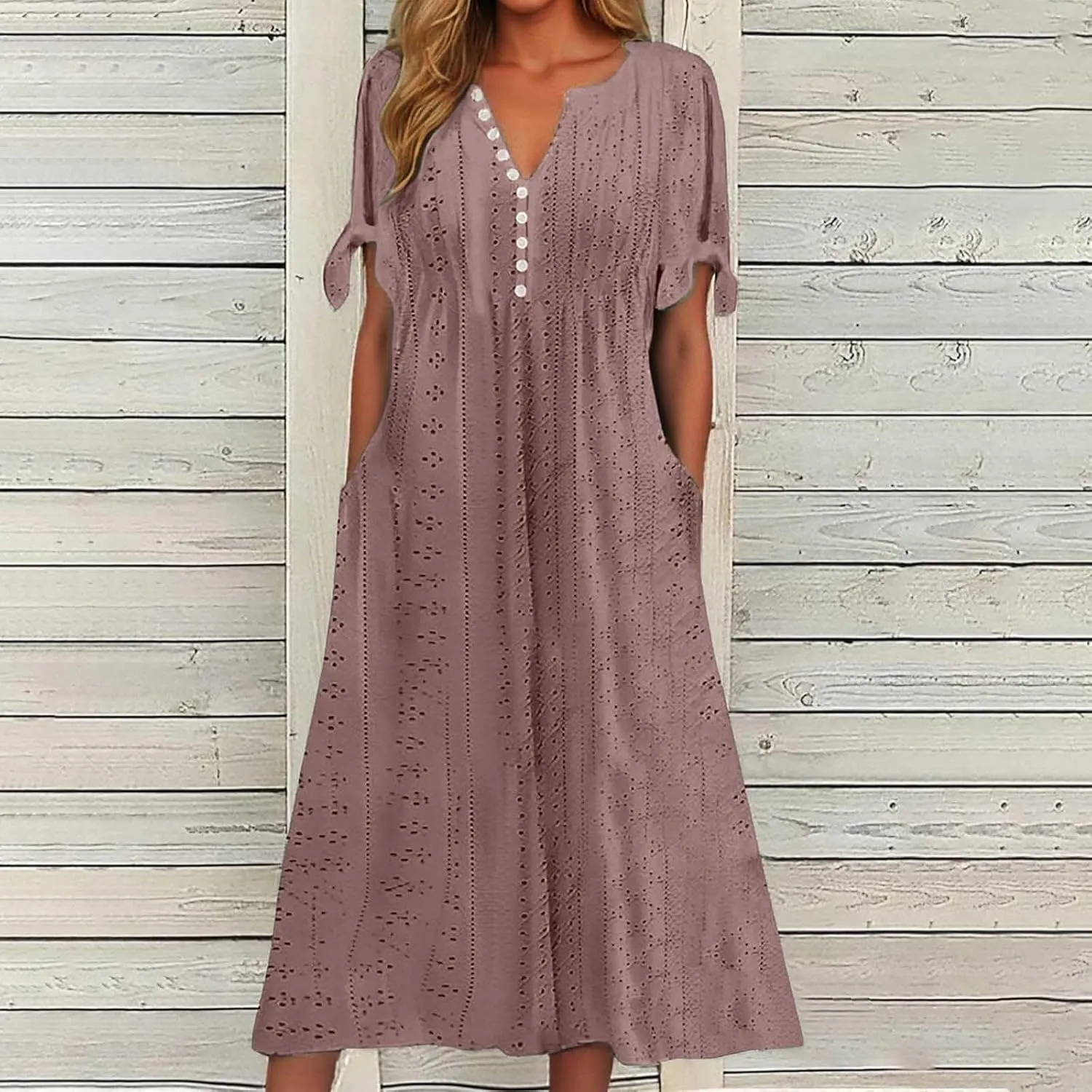 Summer Maxi Dresses for Women 2025 Trendy Short Sleeve Eyelet Tshirt Dress Casual Church Beach Vacation Sundress New