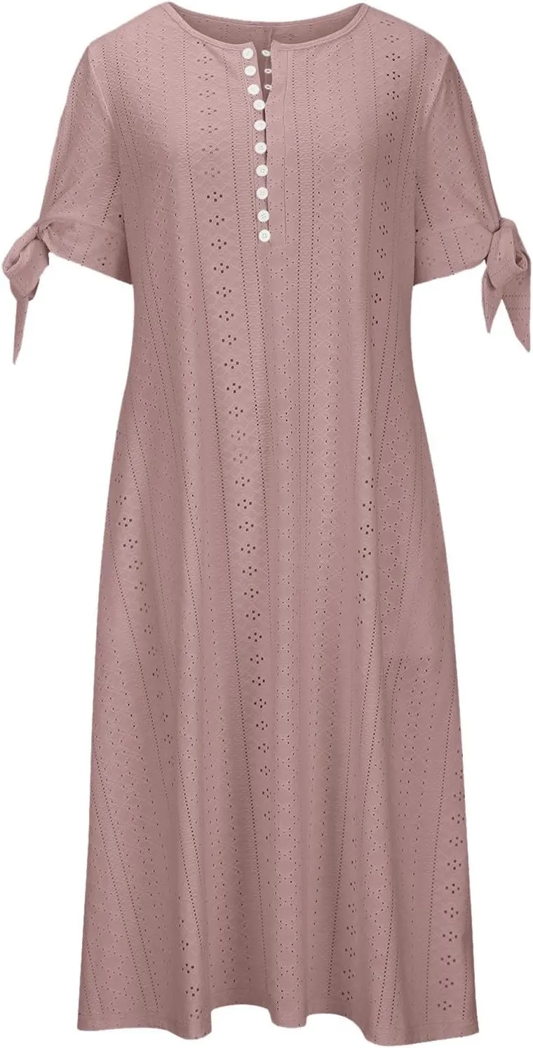 Summer Maxi Dresses for Women 2025 Trendy Short Sleeve Eyelet Tshirt Dress Casual Church Beach Vacation Sundress New