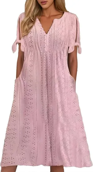 Summer Maxi Dresses for Women 2025 Trendy Short Sleeve Eyelet Tshirt Dress Casual Church Beach Vacation Sundress New