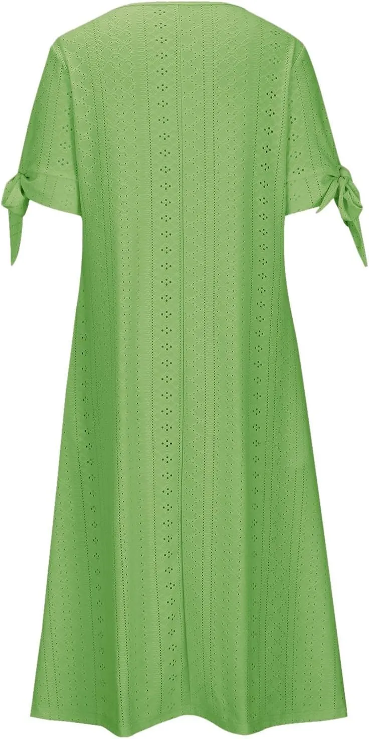 Summer Maxi Dresses for Women 2025 Trendy Short Sleeve Eyelet Tshirt Dress Casual Church Beach Vacation Sundress New