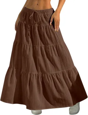 Summer Maxi Skirts for Women Elastic High Waist Pleated Flowy Long Skirts Trendy Casual Vacation Beach Clothes