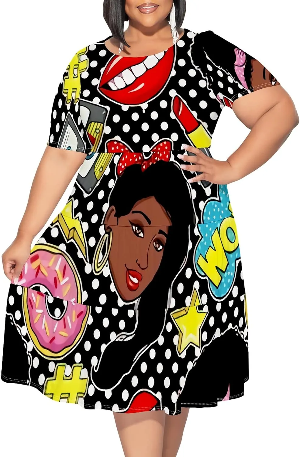 Summer Midi Dresses for Women Plus Size Casual Crewneck Short Sleeve Empire Waist Beach Sundress Travel Vacation Outfits