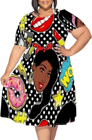 Summer Midi Dresses for Women Plus Size Casual Crewneck Short Sleeve Empire Waist Beach Sundress Travel Vacation Outfits