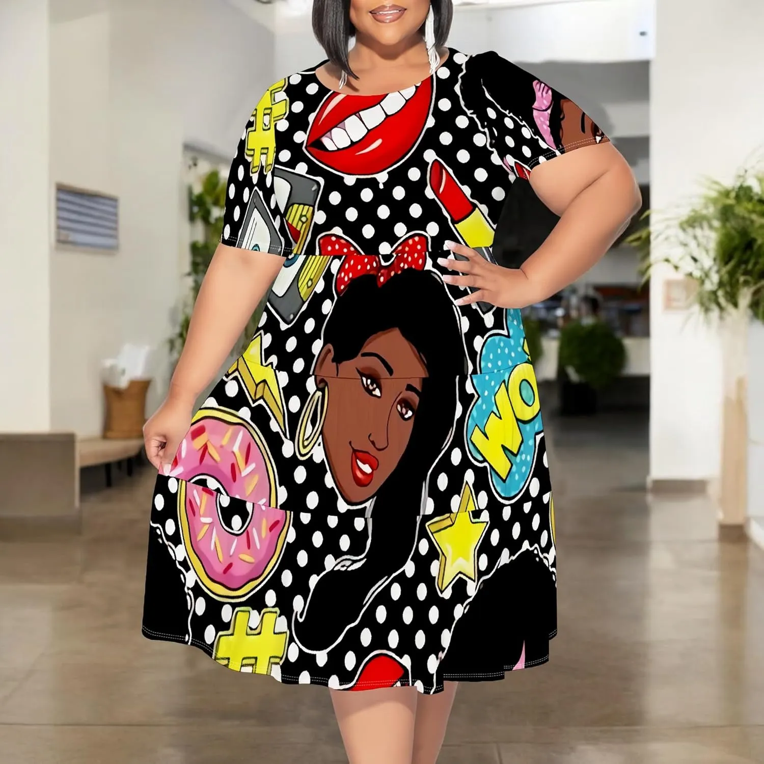 Summer Midi Dresses for Women Plus Size Casual Crewneck Short Sleeve Empire Waist Beach Sundress Travel Vacation Outfits