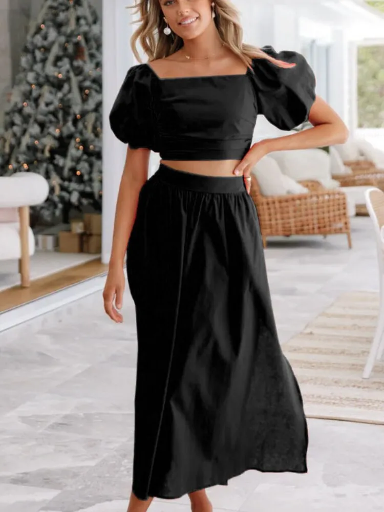 Summer Set for Women 2 Pieces 2023 New Lantern Sleeve Collar Top Split Sexy Dress Two-piece Set Elegant Women's Sets Dresses