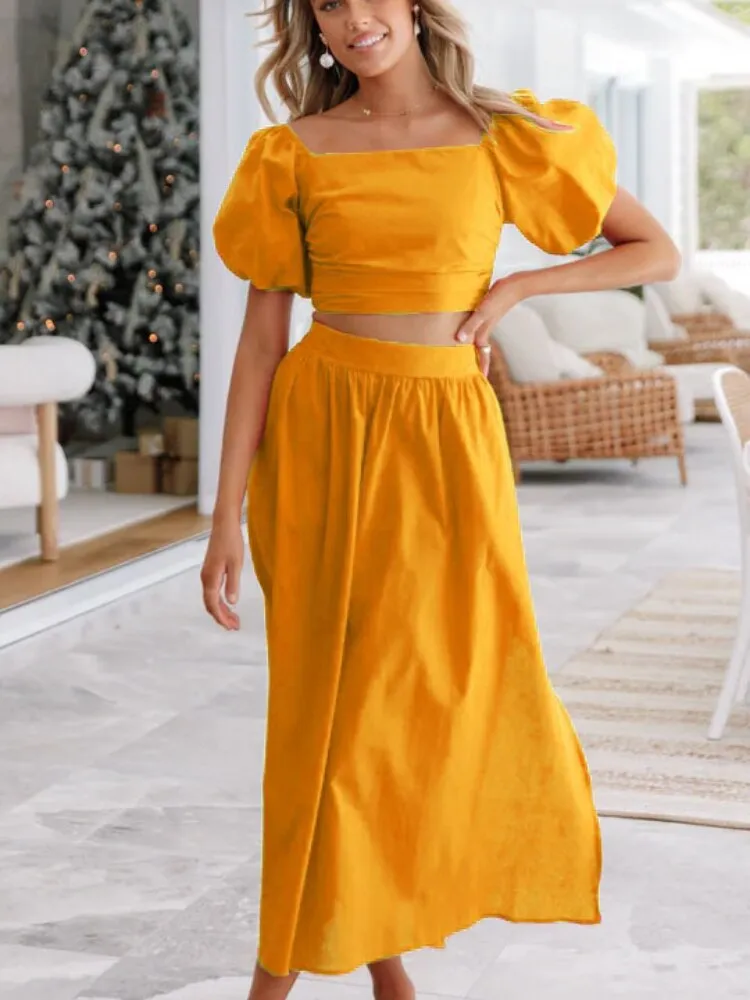 Summer Set for Women 2 Pieces 2023 New Lantern Sleeve Collar Top Split Sexy Dress Two-piece Set Elegant Women's Sets Dresses