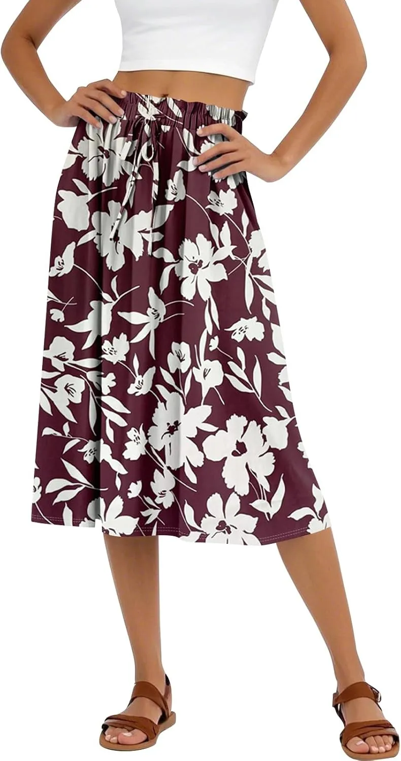 Summer Skirt for Women Midi Wrap Skirt Drawstring High Waist Knee Length Skirts A Line Floral Graphic Bohemian Skirt