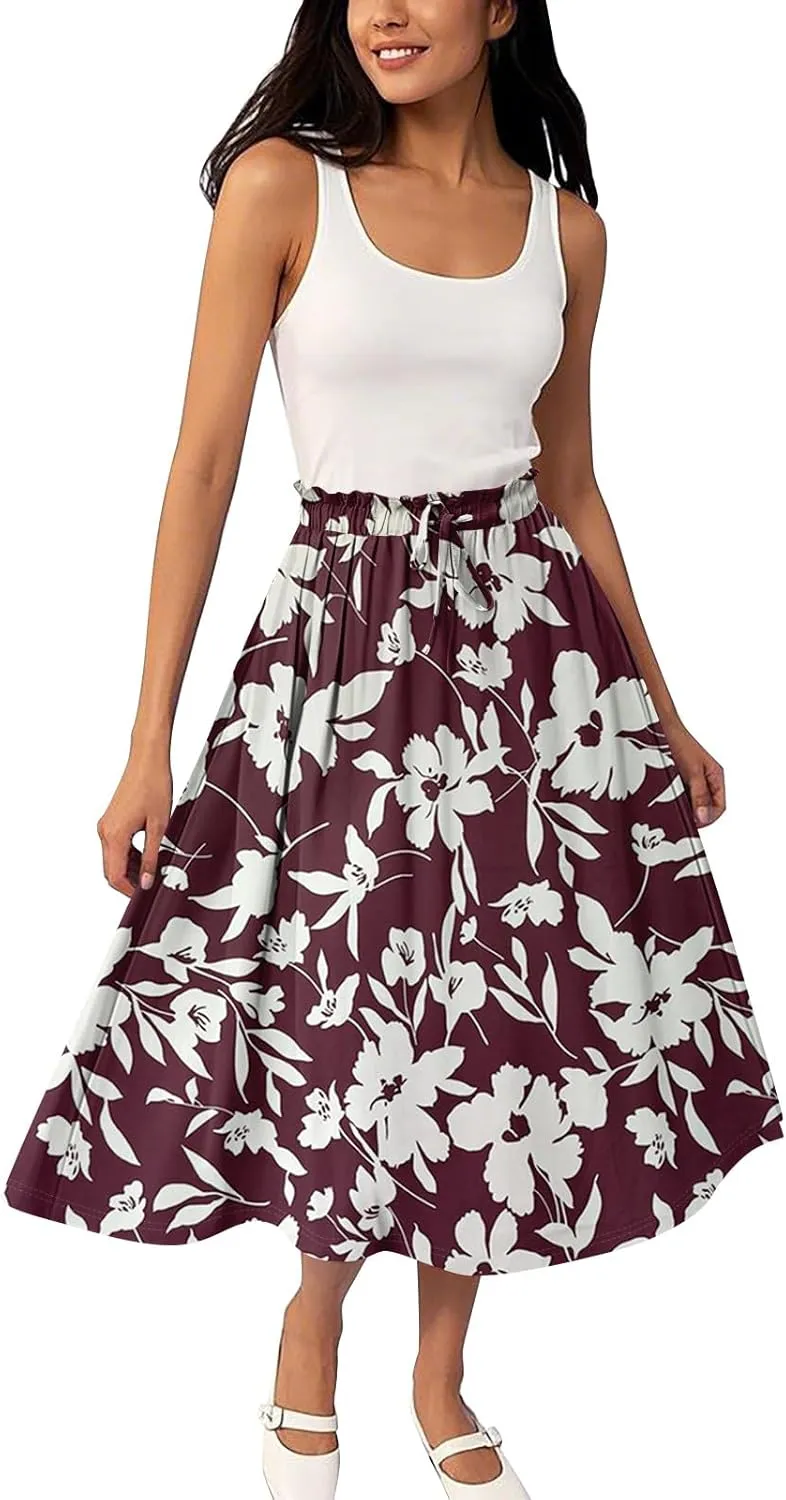 Summer Skirt for Women Midi Wrap Skirt Drawstring High Waist Knee Length Skirts A Line Floral Graphic Bohemian Skirt