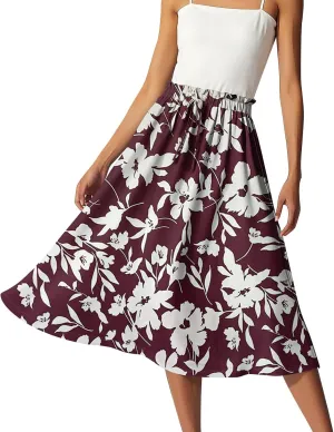 Summer Skirt for Women Midi Wrap Skirt Drawstring High Waist Knee Length Skirts A Line Floral Graphic Bohemian Skirt