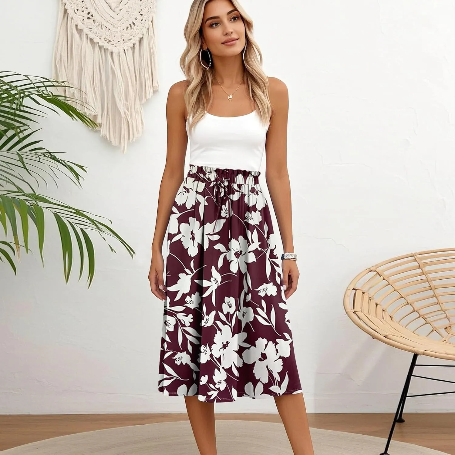 Summer Skirt for Women Midi Wrap Skirt Drawstring High Waist Knee Length Skirts A Line Floral Graphic Bohemian Skirt