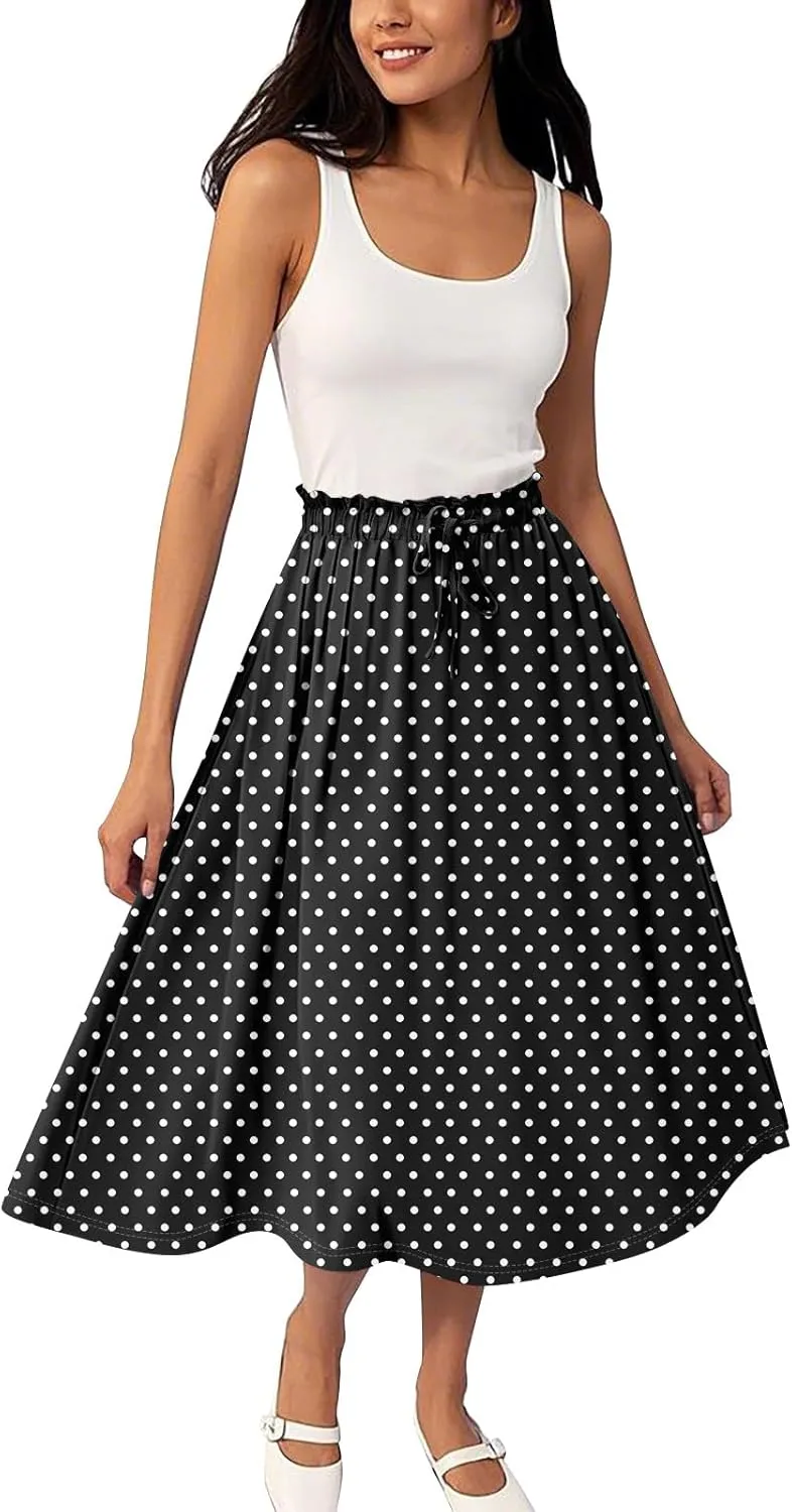 Summer Skirts for Women Midi Boho Drawstring Elastic High Waist Knee Length Skirts A Line Floral Pleated Skirt