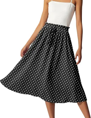 Summer Skirts for Women Midi Boho Drawstring Elastic High Waist Knee Length Skirts A Line Floral Pleated Skirt