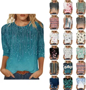 Summer Tops for Women 2025 3/4 Sleeve Floral Dressy Shirts Loose Fit Comfy Casual Blouses Trendy Boho Shirt