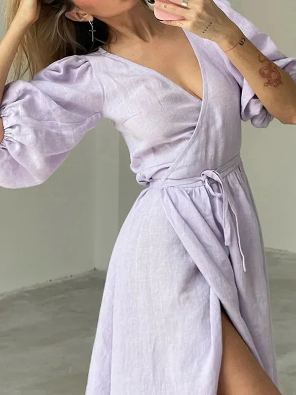 Summer Vintage Long Solid Pleated Party Puff Sleeve Elegant Midi Dress
