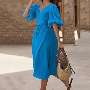 Summer Vintage Long Solid Pleated Party Puff Sleeve Elegant Midi Dress