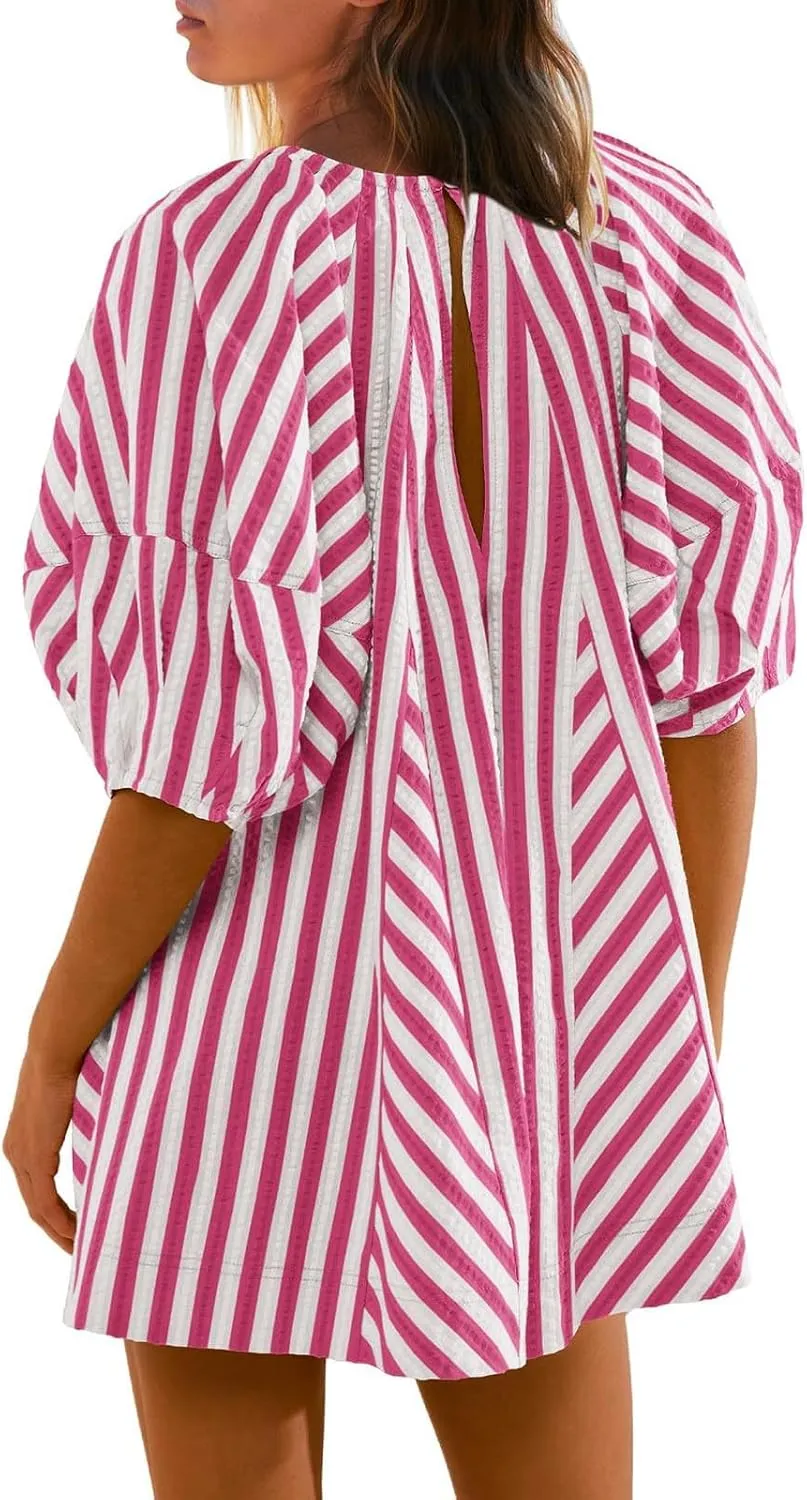 Sun Dresses for Women 2024 Casual Stripes Print Oversized Babydoll Mini Dress Short Sleeve V-Neck Lace Up Sundresses