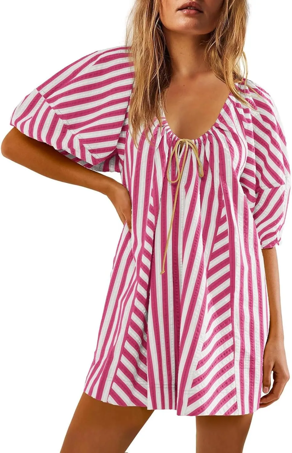 Sun Dresses for Women 2024 Casual Stripes Print Oversized Babydoll Mini Dress Short Sleeve V-Neck Lace Up Sundresses